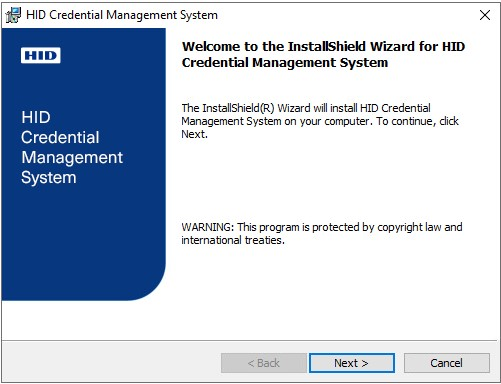 HID Credential Management System InstallShield Wizard Welcome dialog box with the Next button highlighted